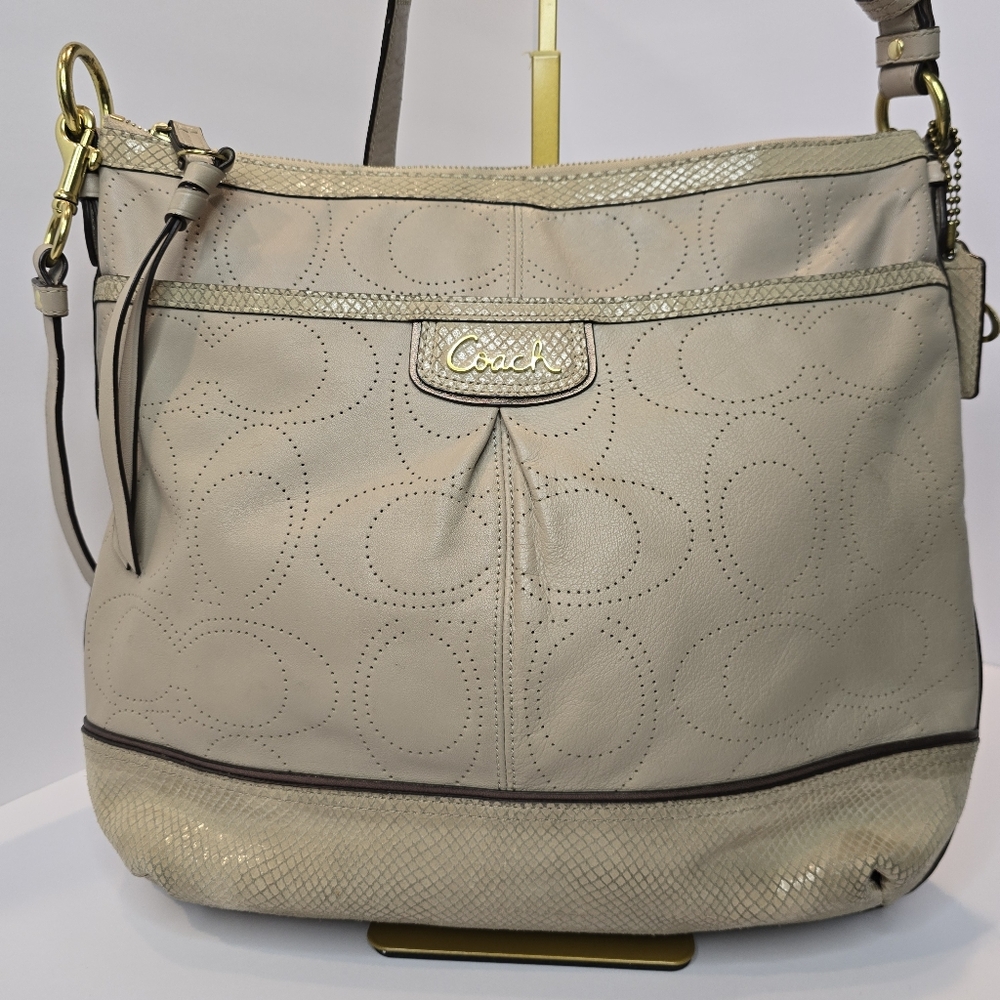 Coach Nude Large Perforated Crossbody Purse Shoulder Bag Snakeskin Shimmer Trim